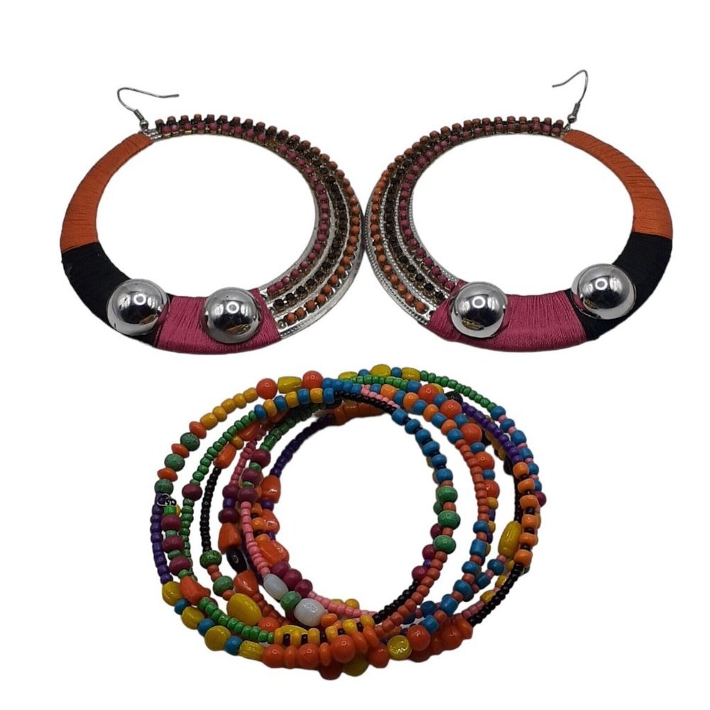 Mod Boho Jewelry Set Colorful Festival Dangle Hoops Earrings Memory Brac… - Picture 3 of 4